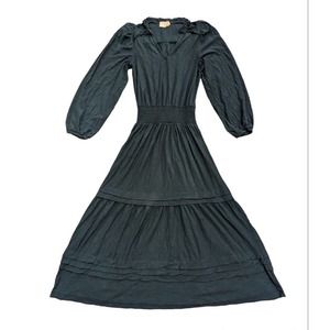 Nation LTD Esta Tiered Smocked Teal Green Puff Sleeved Midi Peasant Dress Small